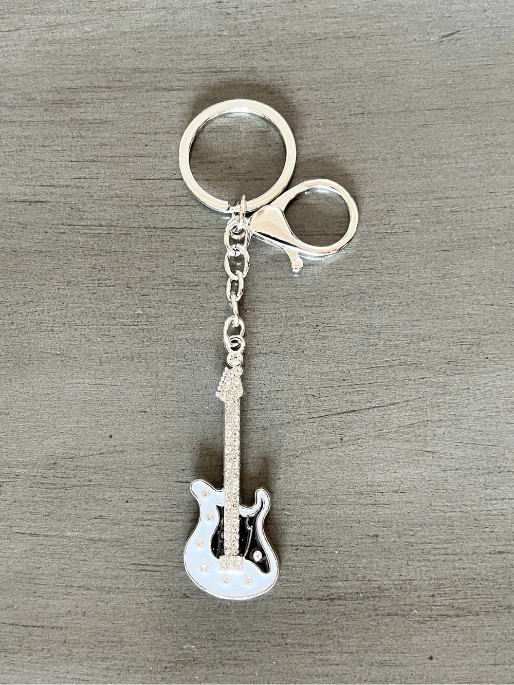 Black & White Enamel Electric Guitar Rhinestone Silver Keychain 3.5